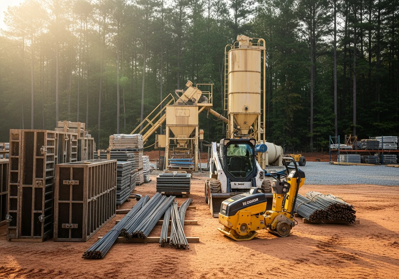 Construction crew and equipment on an active job site, ready for concrete and grading work.