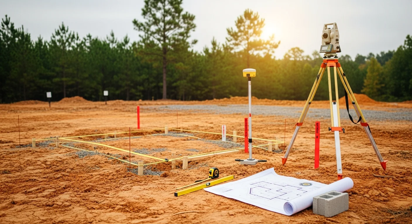 A general contractor reviewing building plans with a property owner on a residential lot in Dawson County, Georgia. The site shows sloped terrain typical of the North Georgia foothills area.