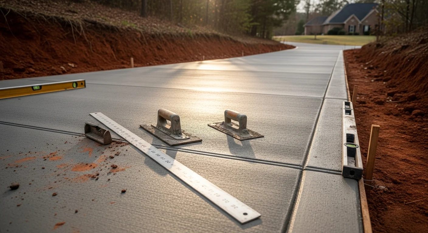 A freshly poured concrete driveway leading to a residential home in Dawson County, Georgia, with clean edges, a smooth surface finish, and proper slope away from the garage. The surrounding yard shows red Georgia clay soil typical of the North Georgia foothills region.