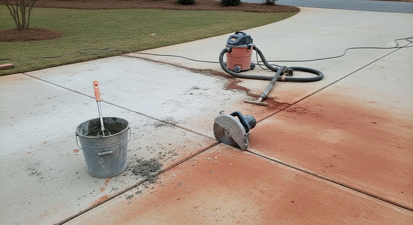 A repaired concrete driveway slab on a residential property in Dawson County, Georgia, showing a smooth, level surface with filled cracks and restored edges. The surrounding yard reflects the county's North Georgia terrain with sloped grading and red clay soil visible at the edges.