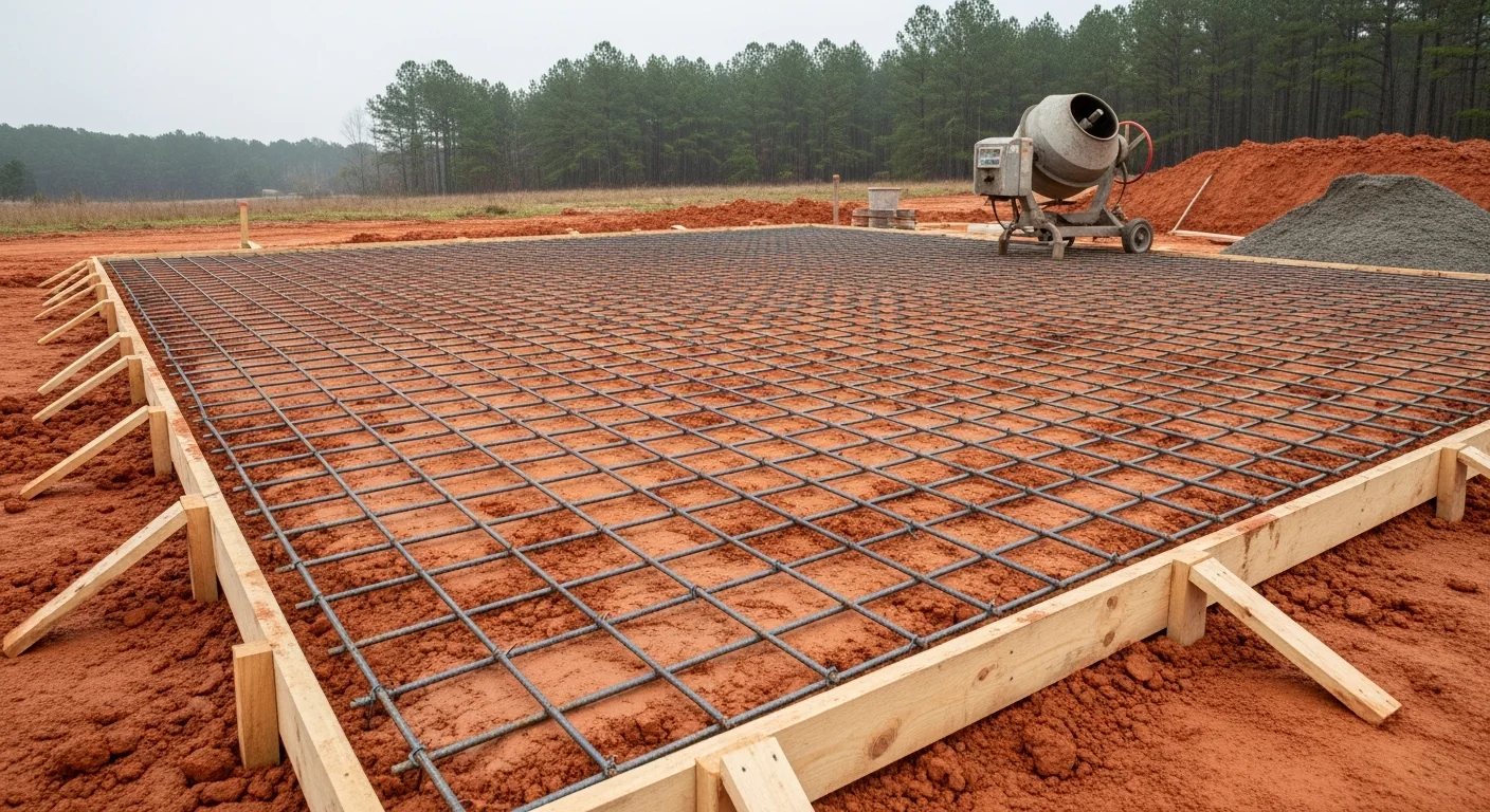 A freshly poured and finished concrete slab for a residential garage in Dawson County, Georgia, with clean edges and a smooth surface ready for use. The surrounding site shows compacted base material and graded soil typical of a North Georgia property.