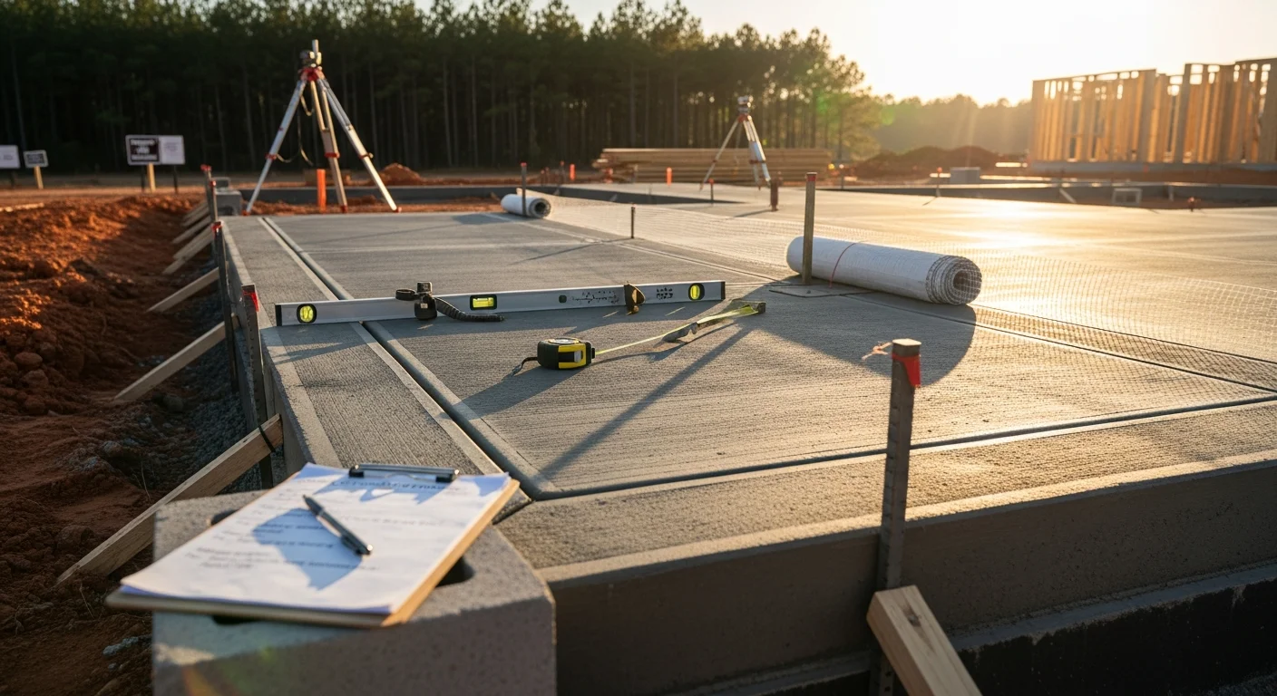 A construction project manager reviewing site plans with a crew on an active residential build site in Dawson County, Georgia. Framed structure and cleared lot visible in the background.