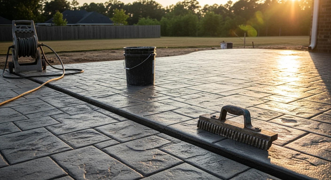 Stamped and sealed decorative concrete patio with a stone pattern finish at a residential property in Dawson County, Georgia. The surface shows defined texture, consistent color, and clean edges along the lawn border.
