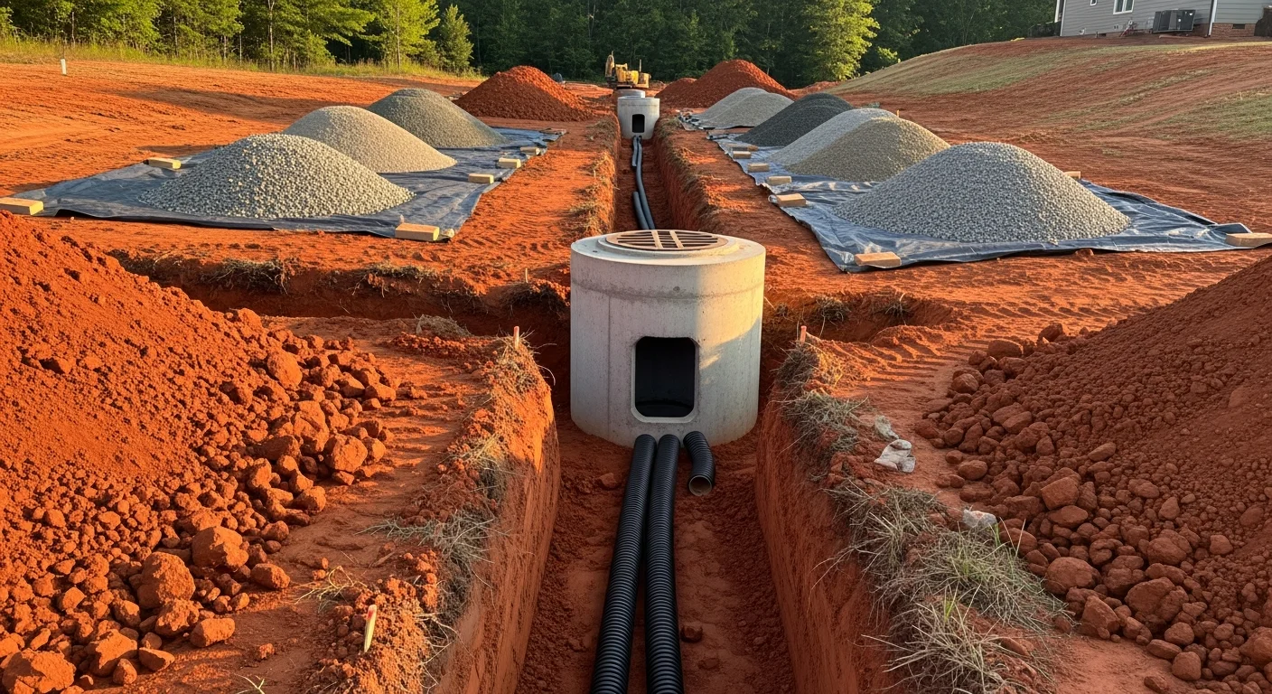 Excavated drainage trench with installed subsurface pipe on a sloped residential lot in Dawson County, Georgia. Surrounding red clay soil and graded backfill are visible along the completed drainage line.
