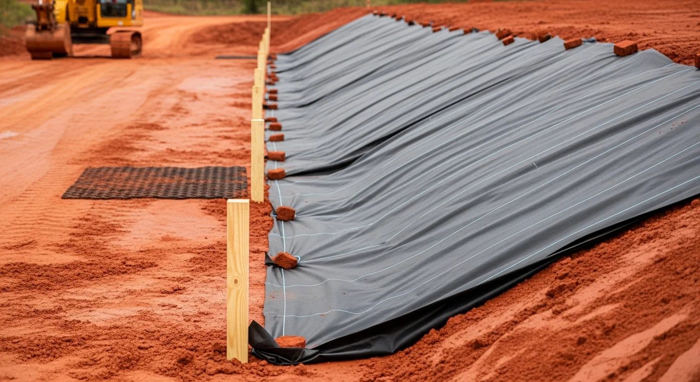Erosion control measures including silt fencing and stabilized sediment barriers installed on a sloped, red clay construction site in Dawson County, Georgia. Exposed graded soil is protected along a drainage edge with Blue Ridge foothill terrain visible in the background.