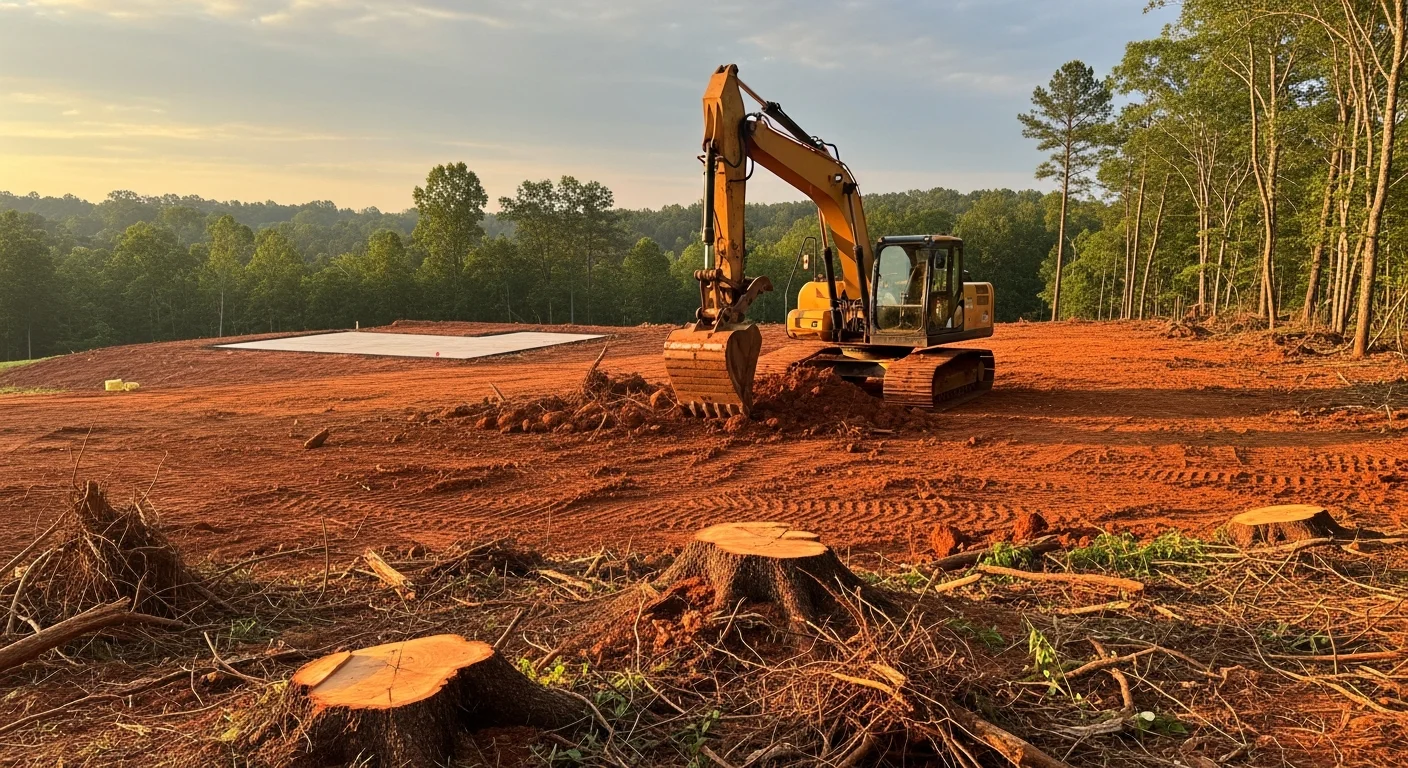 A Dawson County, Georgia wooded lot after professional land clearing, showing bare red clay soil, removed stumps, and a level building pad ready for construction. Heavy excavation equipment sits at the edge of the cleared site with North Georgia tree lines visible in the background.