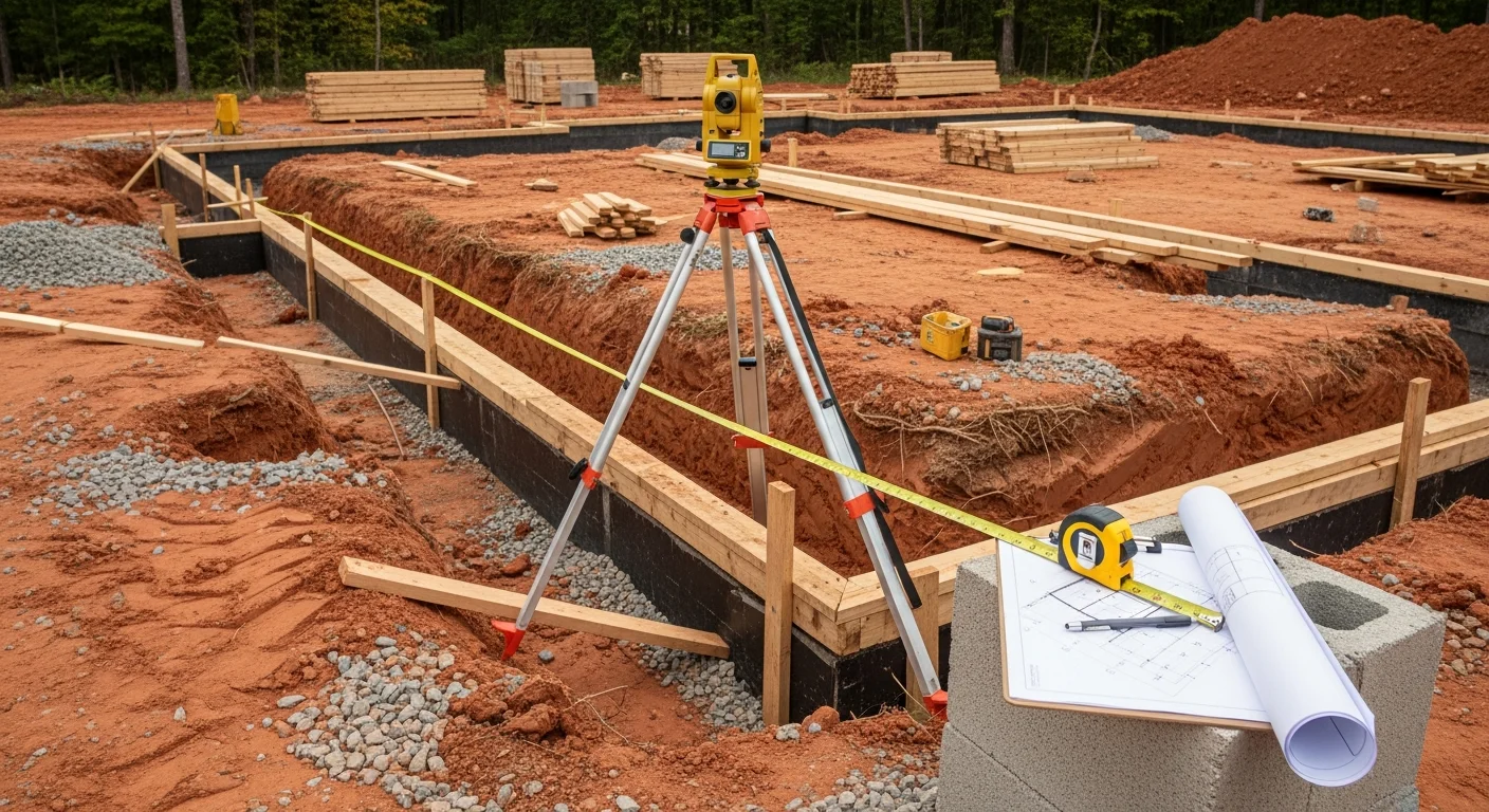 A newly constructed single-family home on a wooded residential lot in Dawson County, Georgia, with a poured foundation and framed exterior walls visible against a North Georgia tree line. A general contractor reviews site plans in the foreground.