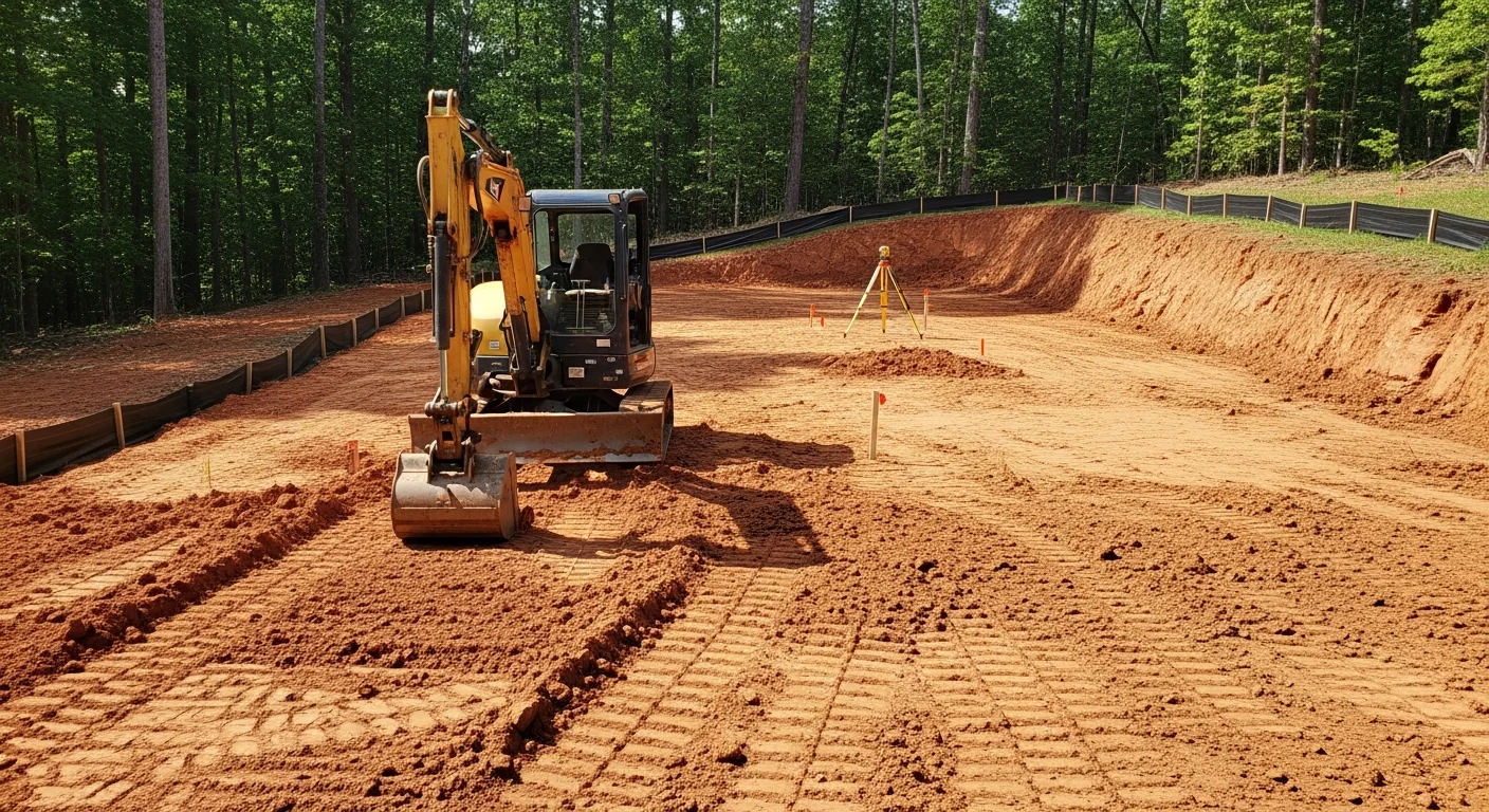 A graded residential building site in Dawson County, Georgia, showing a level compacted pad with erosion control barriers along the perimeter and cleared North Georgia woodland in the background. Heavy equipment tracks are visible across the prepared soil surface.