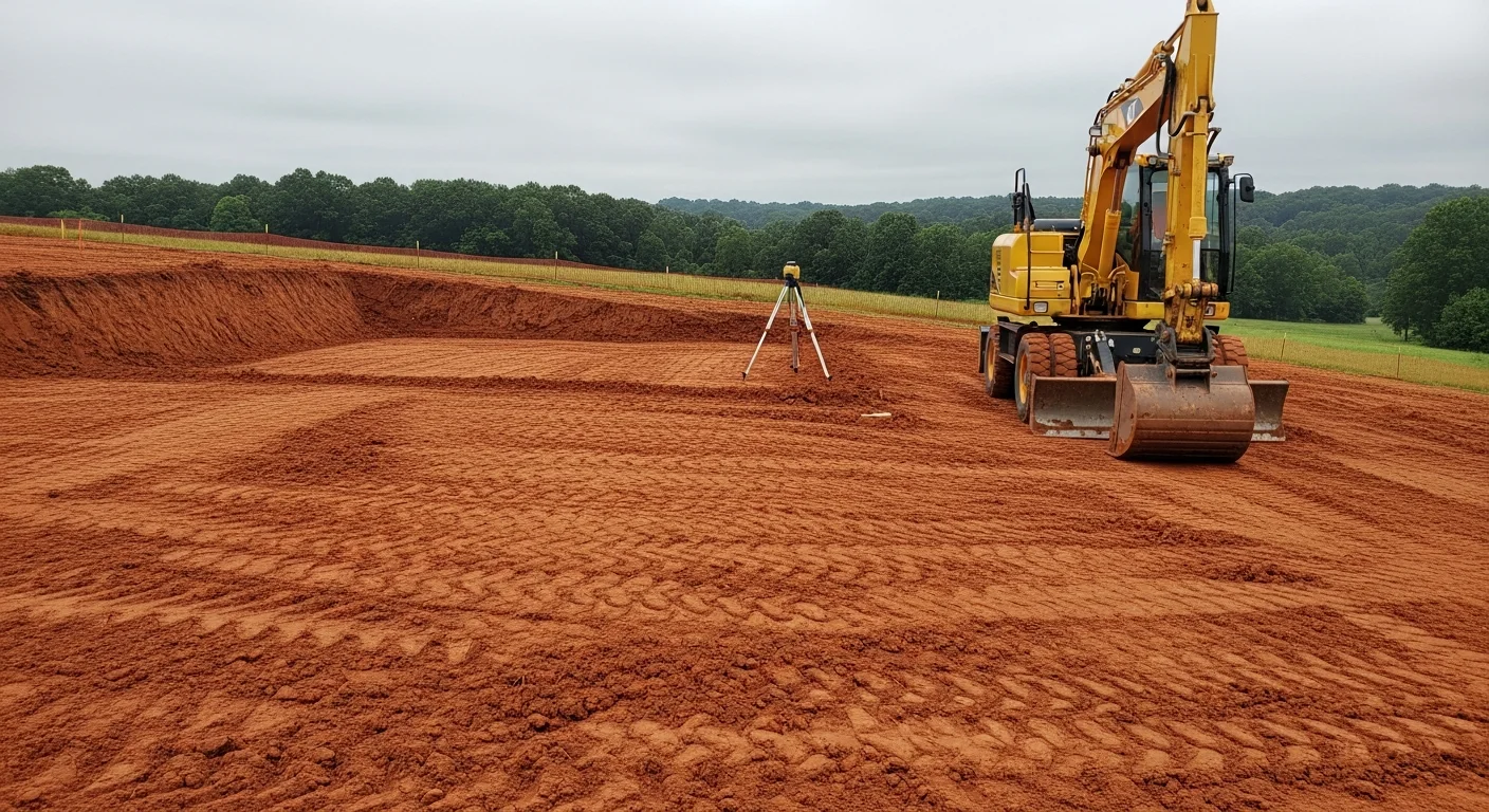 A Dawson County residential lot after professional site grading, showing a level, compacted building pad with sloped edges directing drainage away from the cleared area. North Georgia foothills terrain visible in the background.