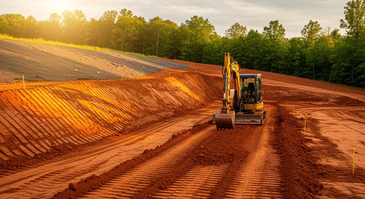 A graded and cleared building site in Dawson County, Georgia, showing compacted red clay soil shaped into a level pad on a sloped North Georgia lot. Heavy excavation equipment is visible in the background with erosion control measures along the site perimeter.
